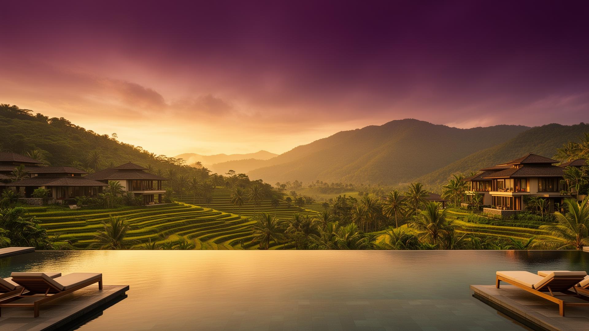 Luxury wellness resort at golden hour overlooking tropical mountains